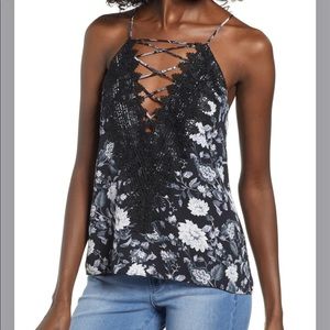 Black Floral Lace-Up Cami Tank Top